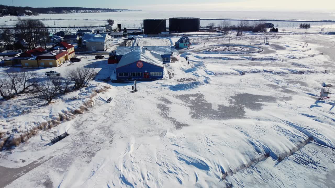 Winter Aerial of Port Stanley Shoreline with Frozen Lake Erie