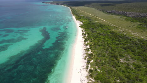 Green-island-with-sandy-beach-and-clear-Caribbean-sea-water-and-coral-reefs