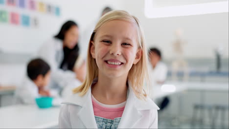 science study, child and happy with face