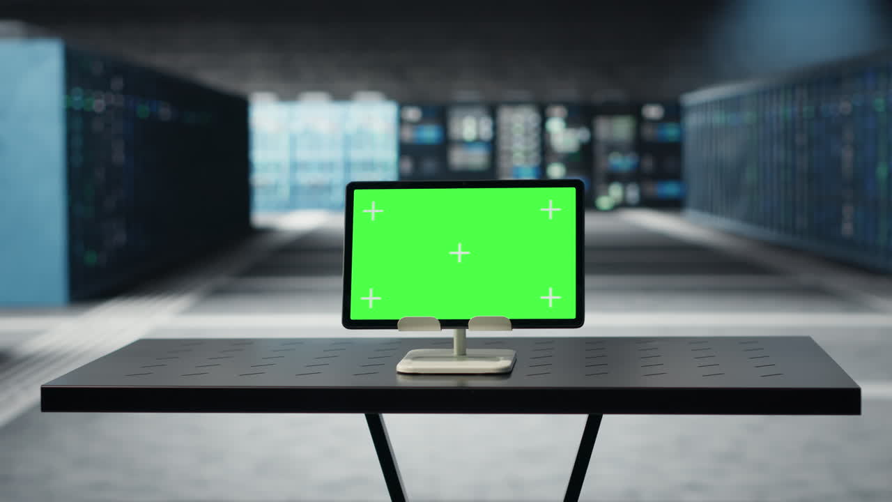 Tablet con schermo verde nel data center lasciato acceso per aggiornamenti software