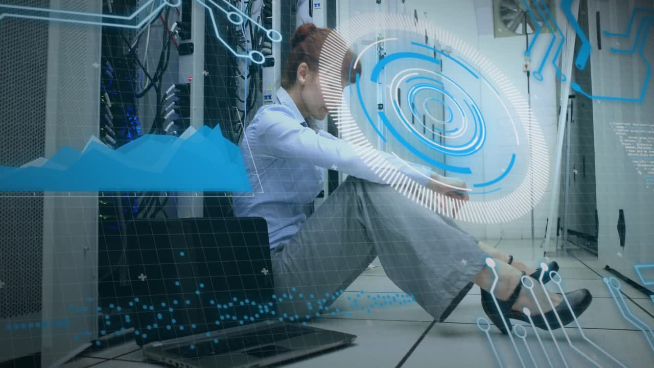 Animation of clock and data processing over man using computer