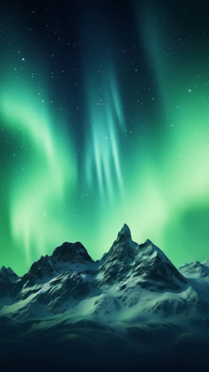 A stunning video backdrop of a snowy mountain under the Northern Lights, captured from a low angle