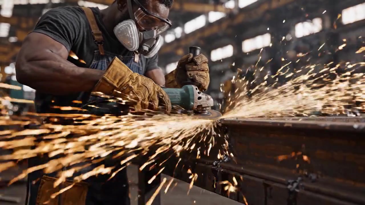 Trabalhador Qualificado em Oficina Industrial Usando Ferramenta Elétrica para Moldar Aço com Criatividade, Precisão e Expertise