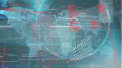 animation of data processing over grid network against world map on blue background