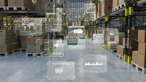 animation of data processing and diagrams over warehouse