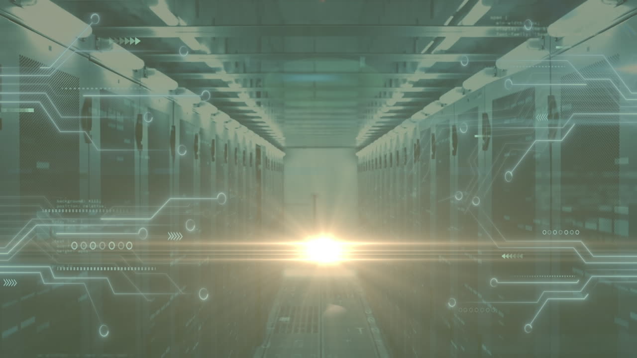 라이트 트레일과 컴퓨터 회로판의 애니메이션과 서버  ⁇ 에서 데이터 처리