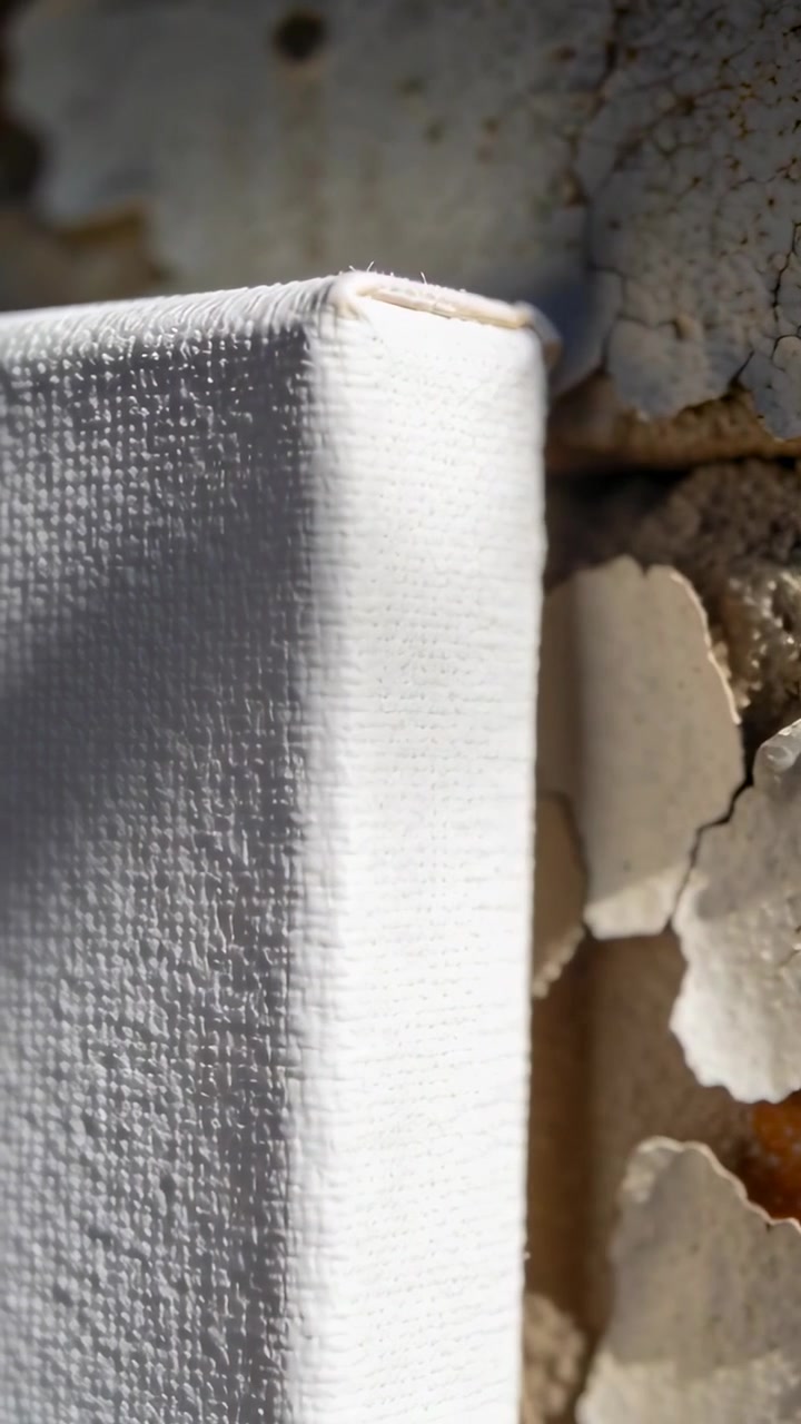 Vertical video: Shifting camera showing canvas corner in studio to reveal plaster gaps, copy space