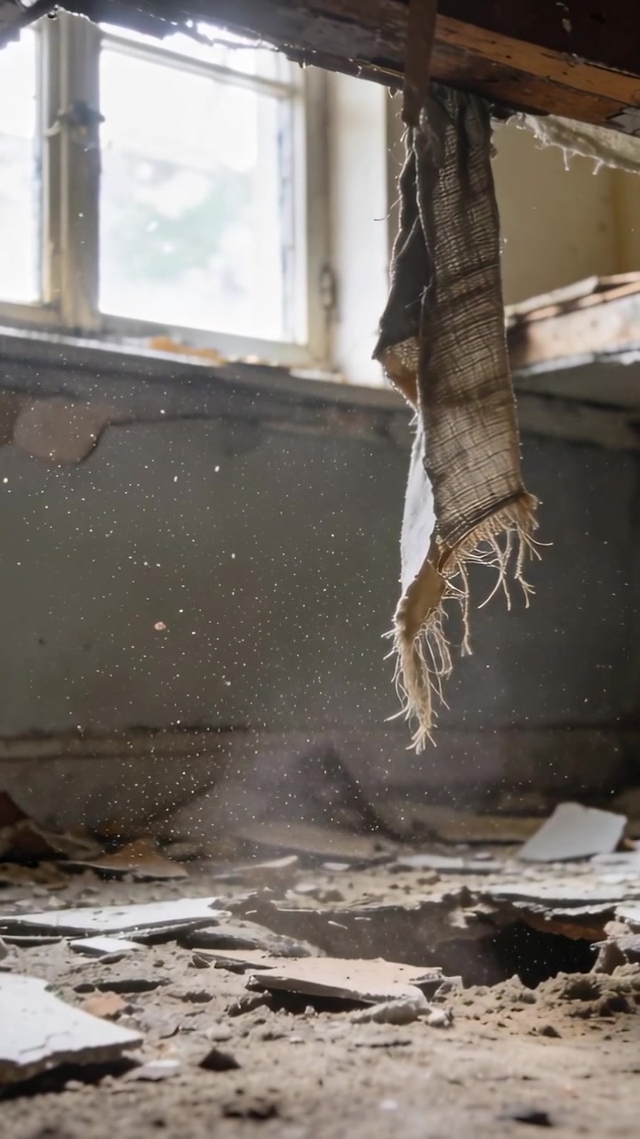 Vertikales Video: Fensterzug hebt Staub aus Bodenloch, ausgefranster Stoff schwingt in verlassenem Raum.