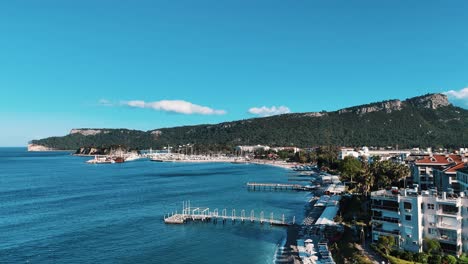 Drone-View-of-Kemer-City-of-Antalya,-Resort-Town-on-Mediterranean-Coast-of-Turkey