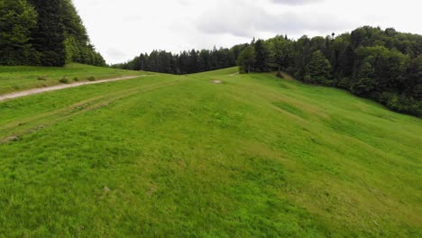 Hiking-trail-among-green-meadow-and-forest-in-Beskid-Sadecki-mountain,-Poland,-aerial-view