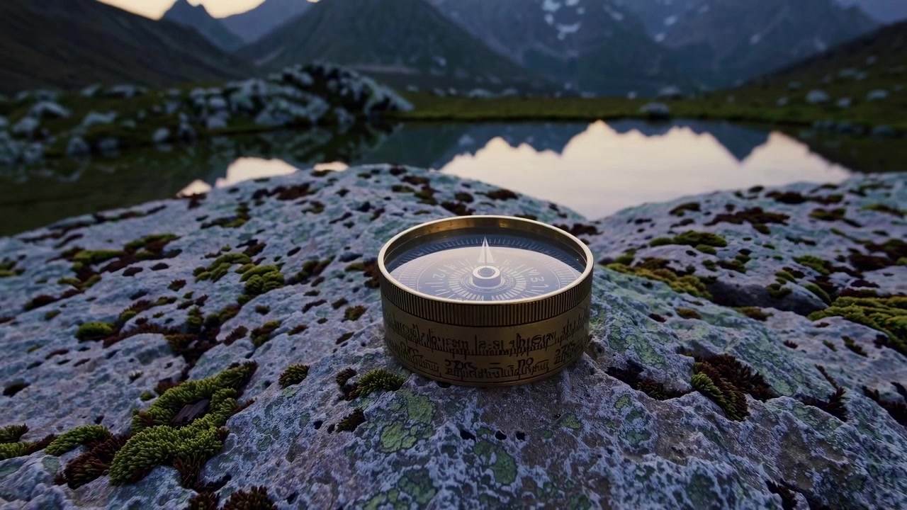 Vintage messingkompass på mosegrodd stein i et fjellvannslandskap