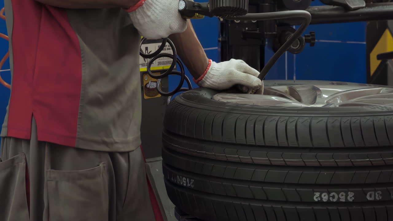 Workshop mechanic changing car tires in auto repair at car maintenance center service garage background. Technician man working diligently on tire replacement, ensuring safety and quality service