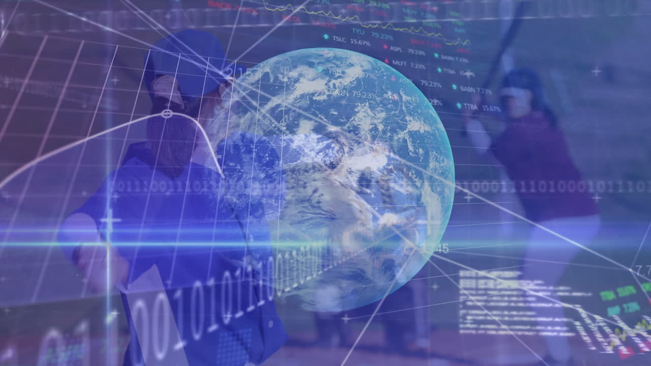 Animation of data, globe and binary code over men playing baseball