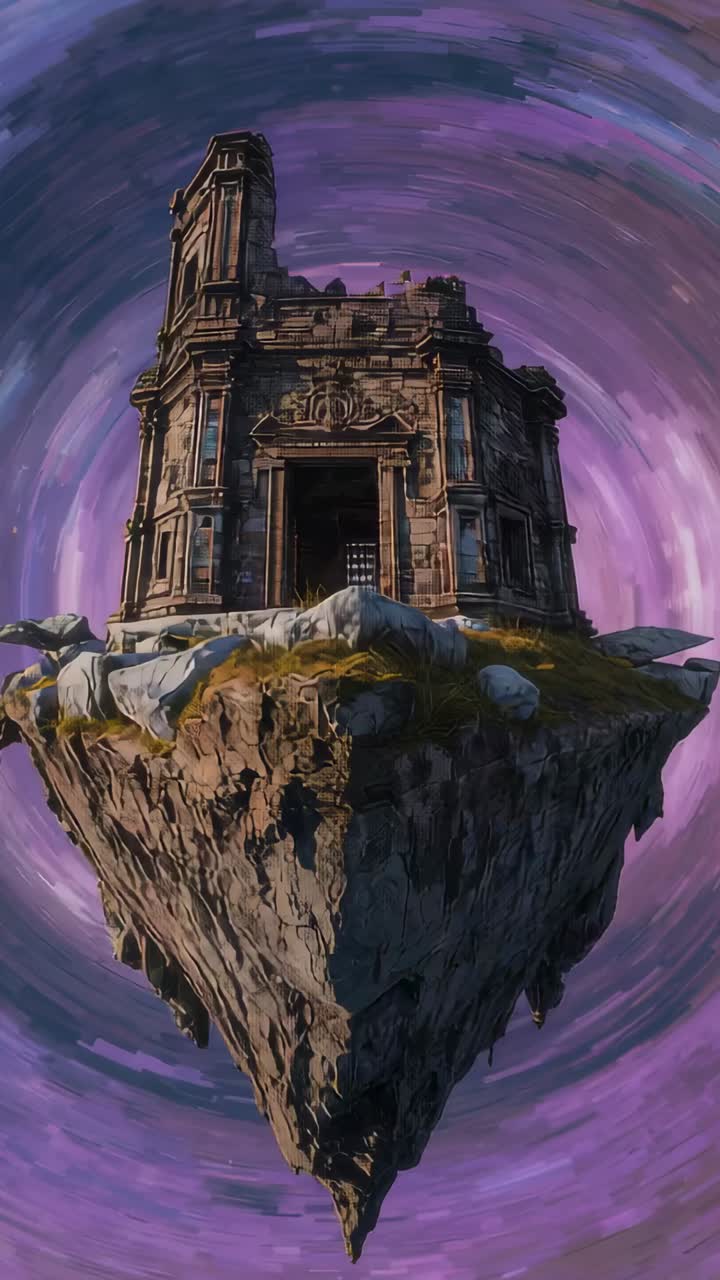 Vertical video: Playback starting camera pushing to floating temple ruin, revealing barred doorway