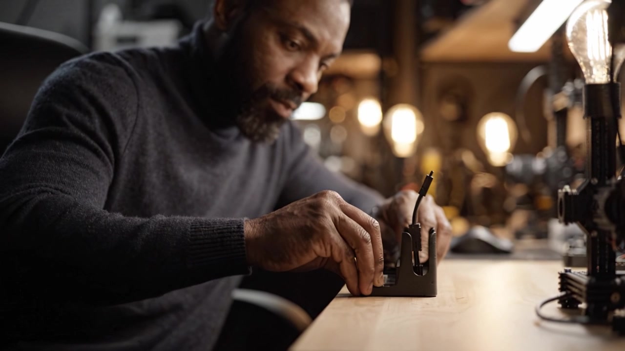 A Skilled Artisan Dedicates His Time to Crafting and Fine-tuning Intricate Mechanical Gadgets in a Well-lit Workshop Environment Filled with Tools