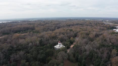 aerial wide reverse pullback shot of the historic antebellum octagonal mansion longwood in natchez, mississippi