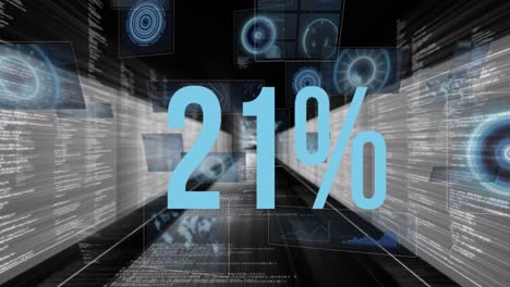 Animation-of-increasing-numbers-from-0-to-59-and-percentile-sign-over-radars,-computer-language