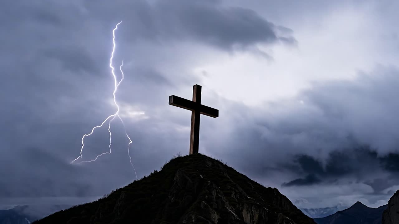 번개가 산꼭대기 위에 있는 십자가 뒤에 있는 극적인 하늘을 비추며 강력하고 영적인 장면을 만니다.