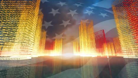 animation of illuminated 3d model of buildings over waving flag of america