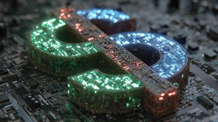 Una splendida immagine ravvicinata di un simbolo del dollaro digitale con luci scintillanti su un circuito stampato, che evidenzia l'intersezione tra tecnologia e finanza in un mondo moderno