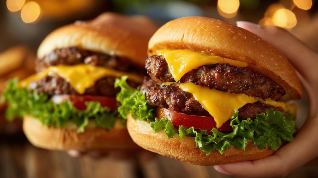 Delicious Double Cheeseburgers with Melted Cheese, Fresh Lettuce, and Juicy Beef Patties, Served on Soft Buns in a Cozy Atmosphere