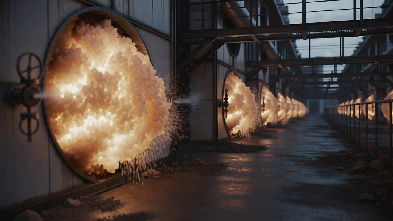 Igniting pulse, nearest chamber port pulsing and emitting sparks in industrial corridor, copy space