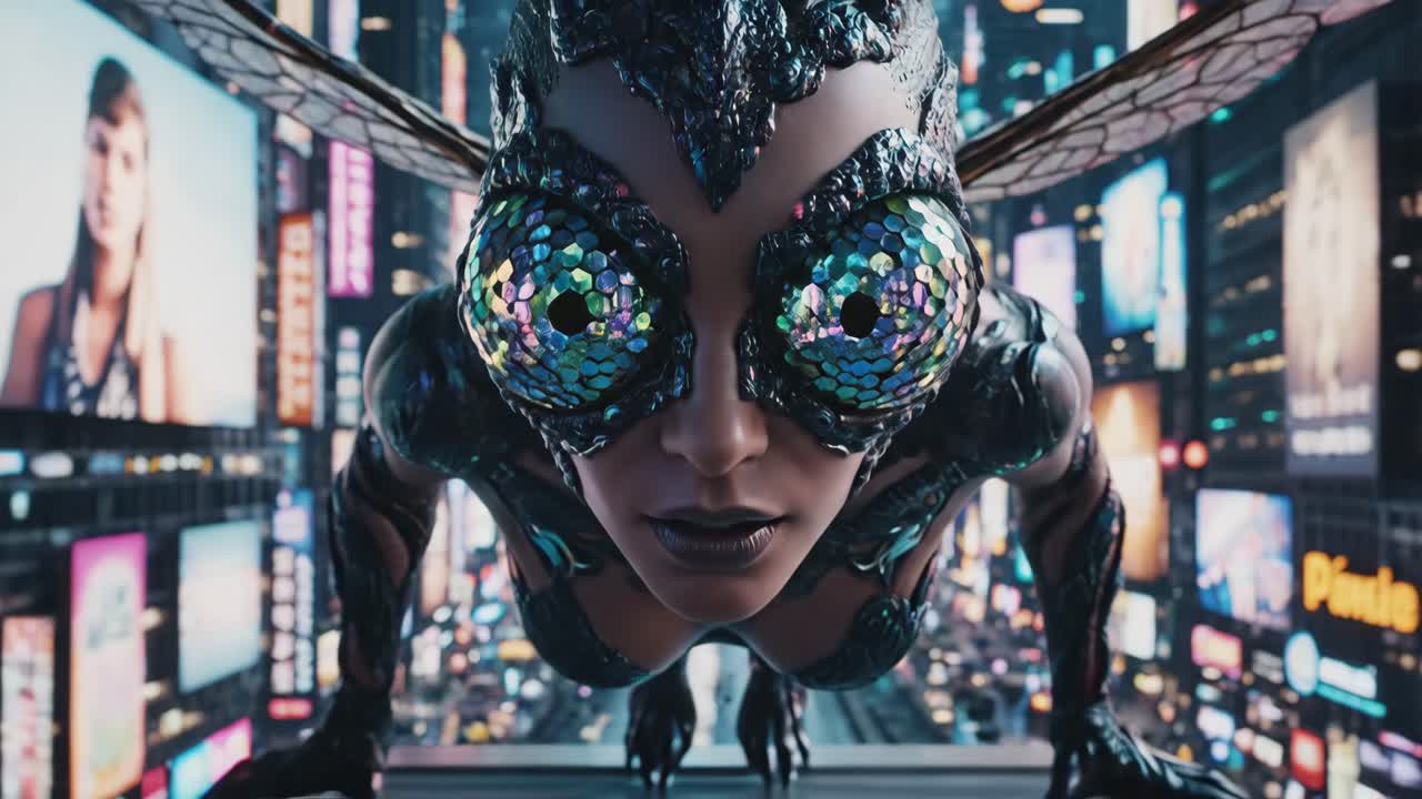 Insect Woman in Cyberpunk Cityscape
