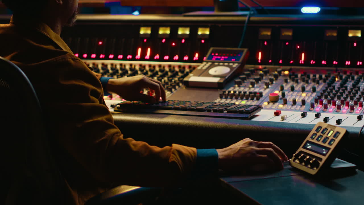 아프리카계 미국인 사운드 디자이너가 트랙을 제작하기 위해 편집 소프트웨어를 사용합니다.