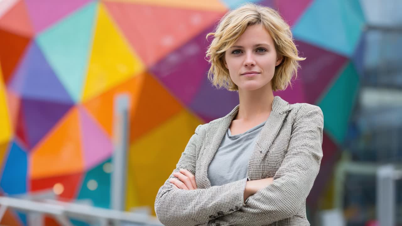 Sebevědomá mladá žena se stylovým účesem pózuje před barevným geometrickým pozadím, vyzařuje pozitivitu a sílu svou přítomností