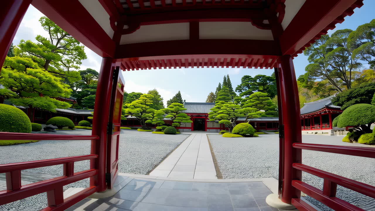 Japanese Temple Garden with Red Gate
