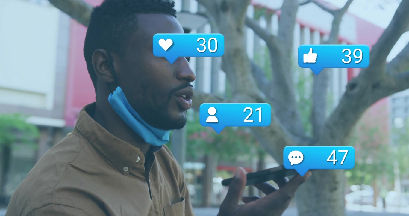 man speaking into smartphone on sidewalk spawning animated notification icons tracking engagement