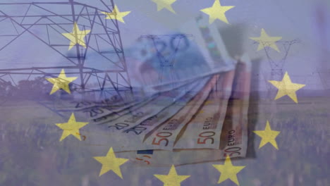 animation of flag of eu and euro banknotes over electricity pylons