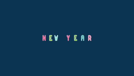 new year - colorful jumping text effect with christmas icons - text animation on dark blue background