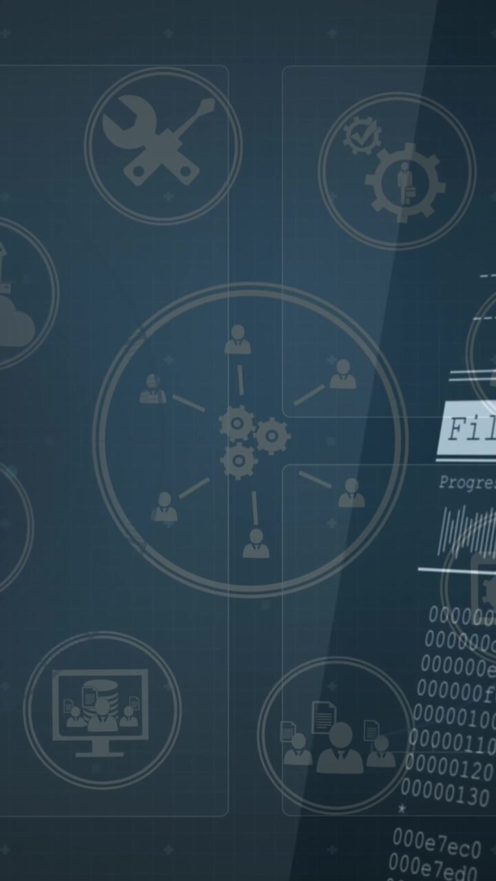 Animation af et netværk af digitale ikoner over databehandling mod blå baggrund