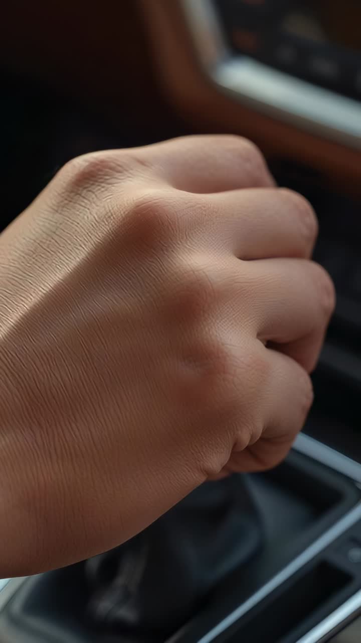 Vertical video: Entering driver's hand making slight rotations over center console, preparing shift