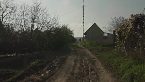 rural dirt road with distant walkers and houses