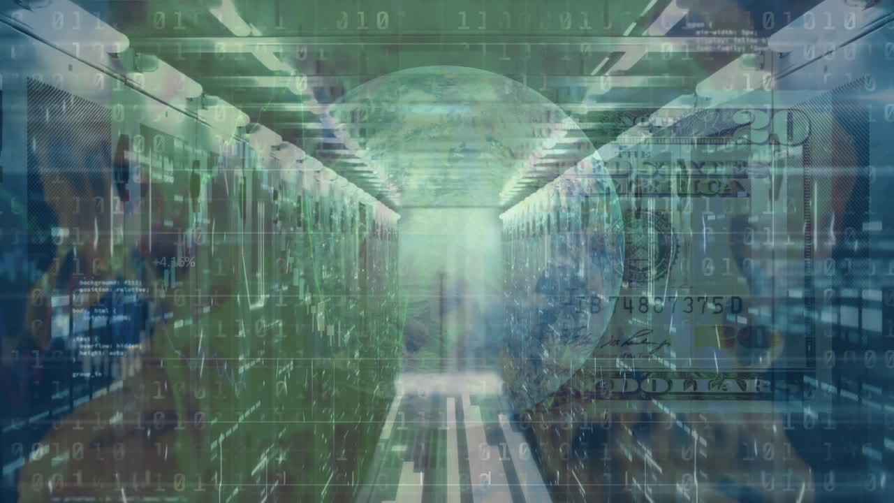 Animation of data processing with globe over server room