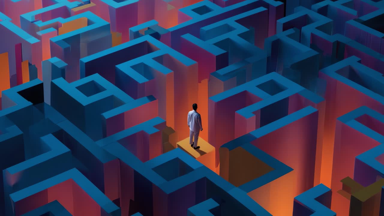 A Solitary Figure Navigates a Complex Maze of Vibrant Blue Structures Against a Background of Warm Hues, Symbolizing the Journey Through Challenges and Discovery in a Mystical, Abstract Environment