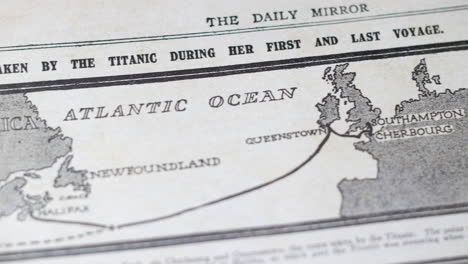 a newspaper map showing the voyage of the titanic before it struck an iceburg