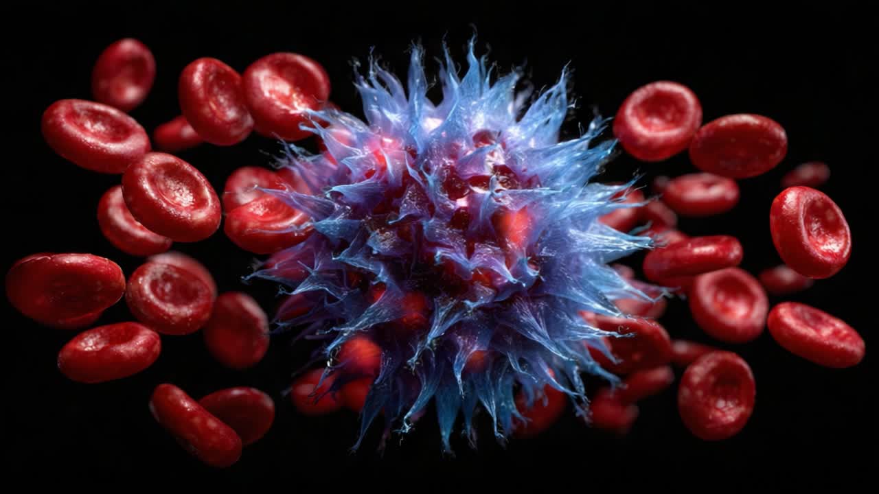 Dynamic Visualization of Immune Response: A Colorful Representation of a Virus Surrounded by Red Blood Cells in Motion