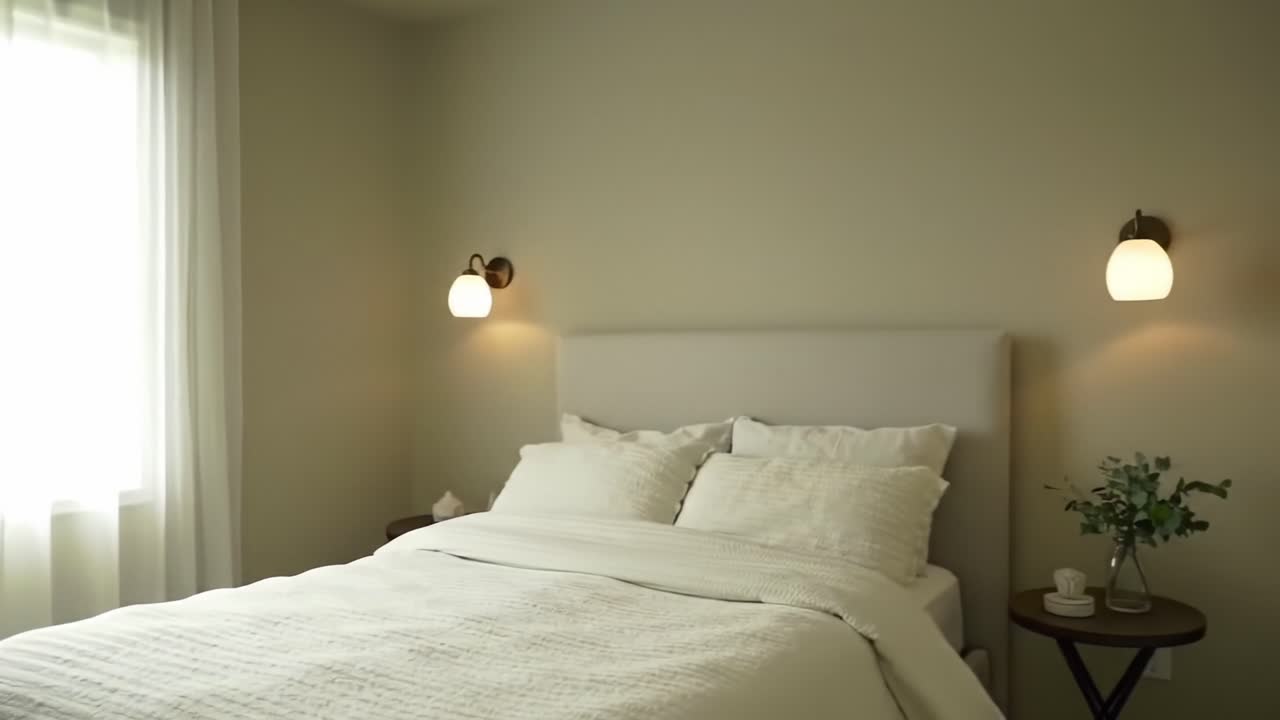 Un'atmosfera serena in camera da letto: che enfatizza la luce naturale, l'arredamento minimalista e le texture accoglienti per il massimo relax e comfort.
