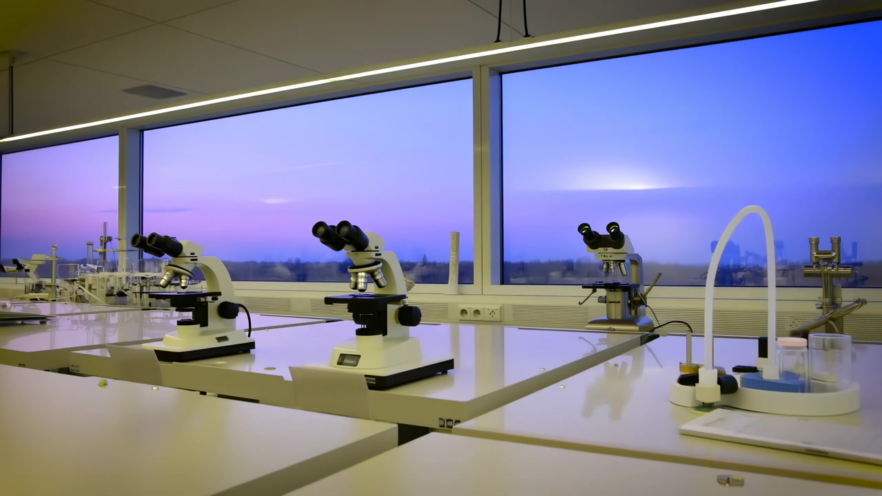 Multiple compound microscopes and small lab apparatus rest on white glossy workbenches facing broad horizontal windows at dusk, with cool blue purple backlight, clean reflections, and calm