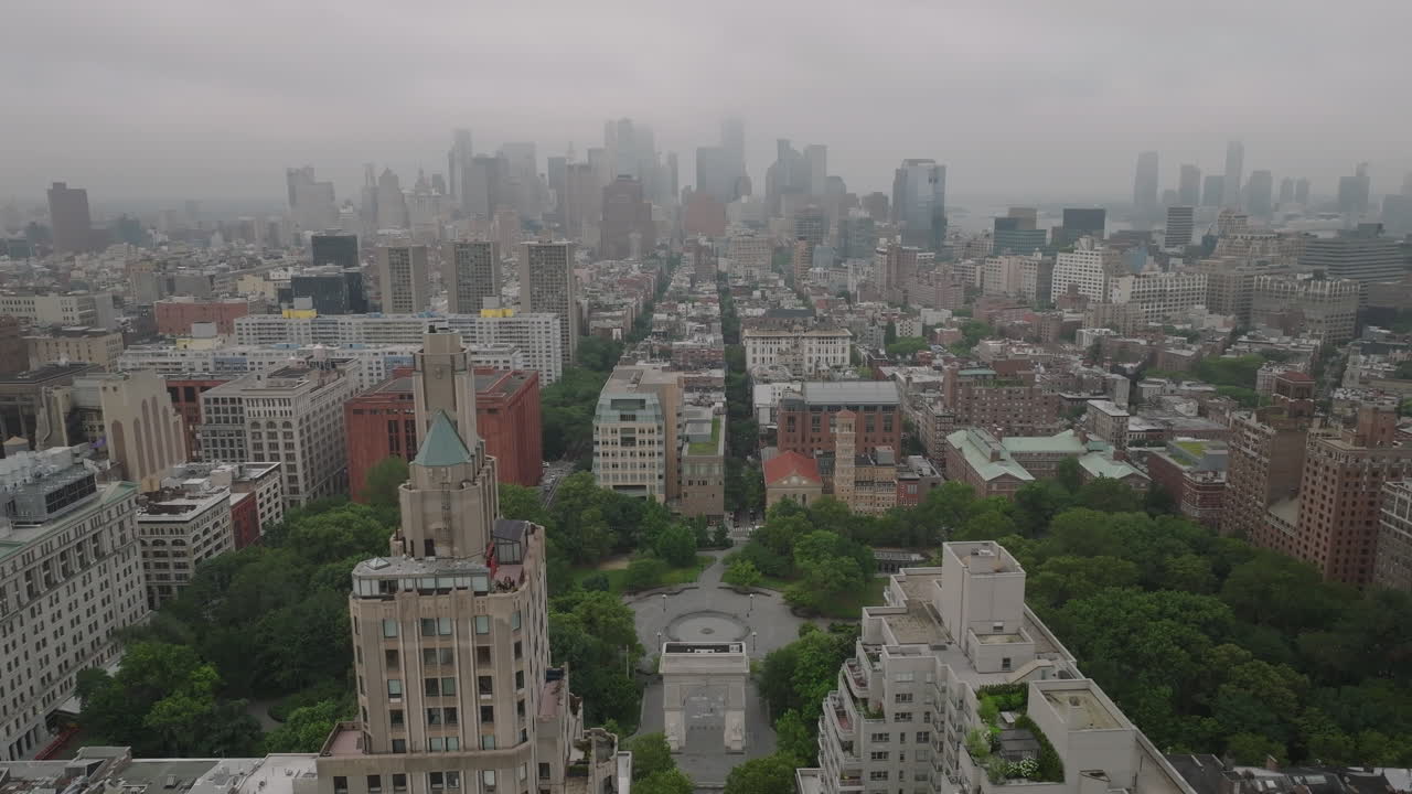 Aerial view of Washington Square Park on an overcast morning. Shot in New York City