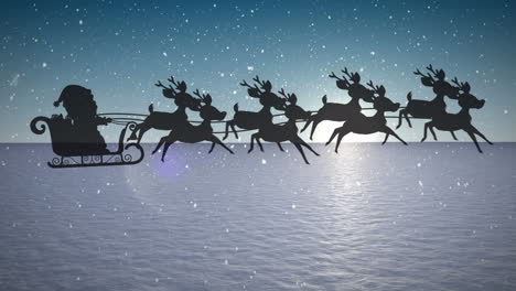 animation of snow falling over santa claus in sleigh with reindeer and winter landscape