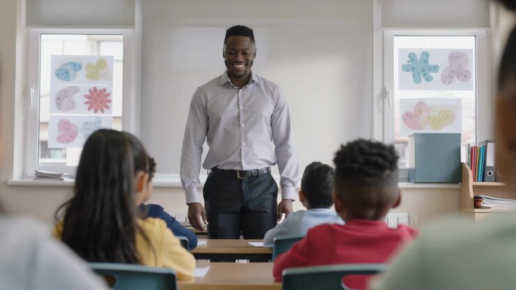 Entering classroom, teacher in grey shirt and dark pants walking to front by desks, greeting kids