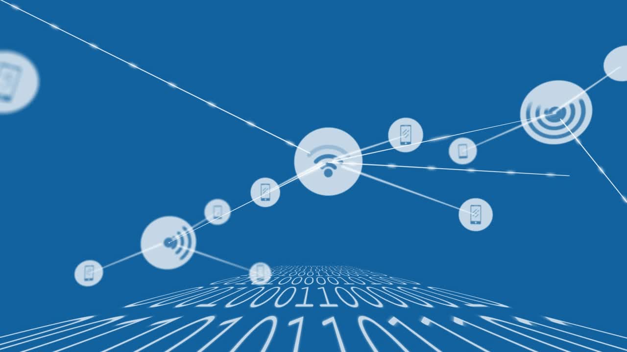 Animation of network of digital icons over binary coding data processing against blue background