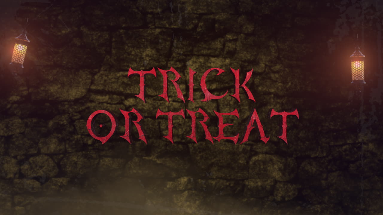 truco o trato en la pared en la ciudad vieja con luz