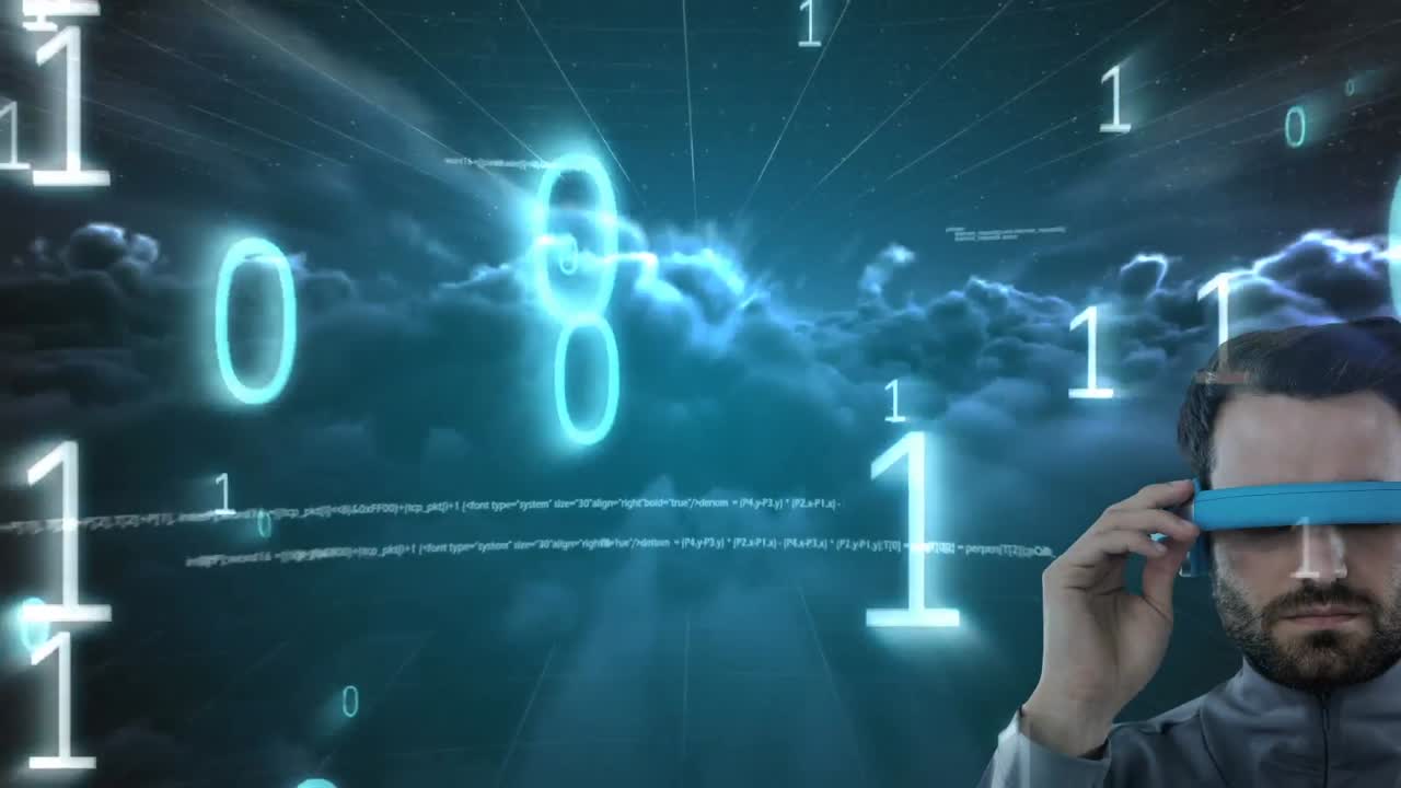 animación de codificación binaria, hombre con auriculares vr contra el cielo con nubes