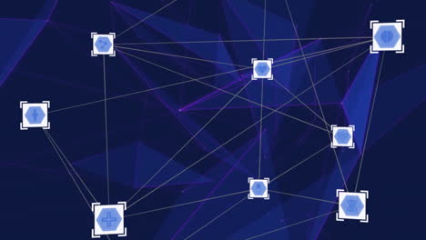 Animation of network of connections with medical icons on purple background