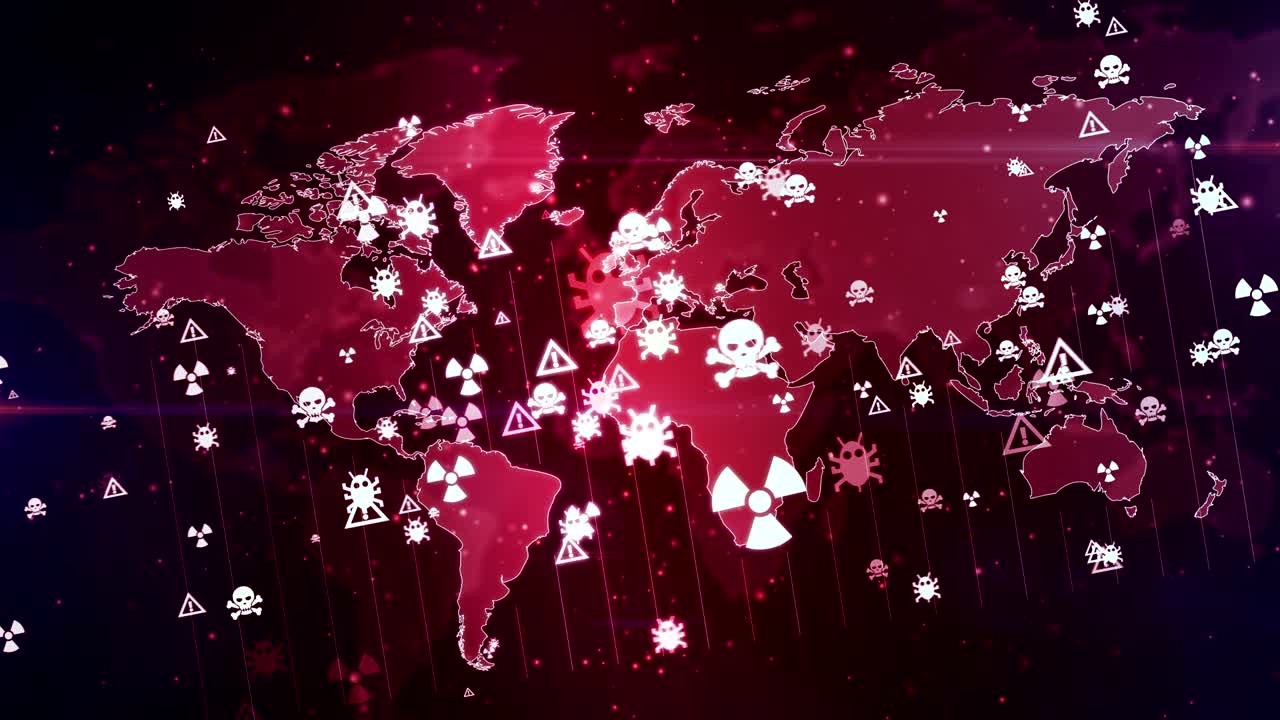 cibercrimen y ataques de piratería símbolos en el mapa mundial digital bucle y fondo sin costuras